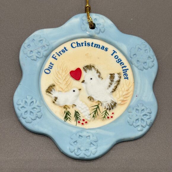 Russ Berrie Ornament Our First Christmas Together Blue Frame Doves Heart 1980s - Picture 1 of 7